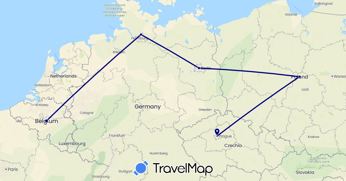 TravelMap itinerary: driving in Belgium, Czech Republic, Germany, Poland (Europe)